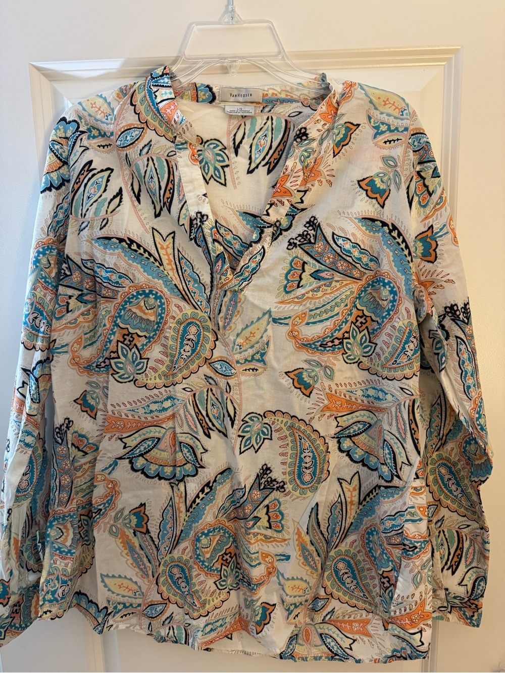 Van Heusen White Paisley-Print Long-Sleeve Shirt with Blue and Orange Accents